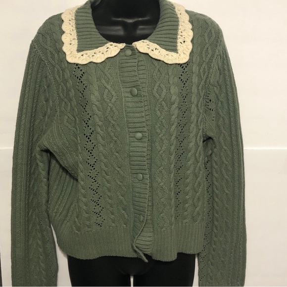 Jessica Simpson green cable knit crochet cream scalloped collar cardigan size XL - Picture 1 of 11